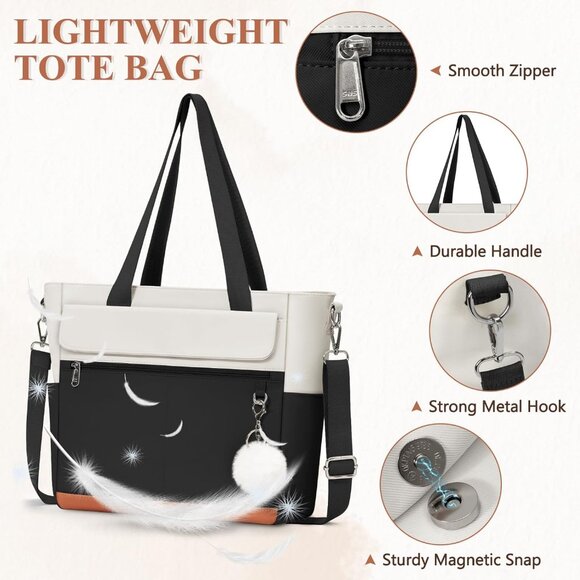 Women Black With White Multi-Pocket Waterproof Canvas Tote Bags with Zipper - Picture 4 of 6